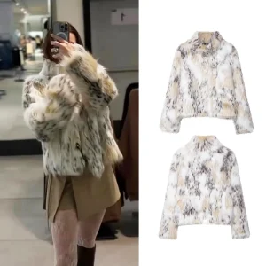 Women Leopard Faux Fur Jacket Coat Female Autumn Winter Short Plush Stand Collar Panelled Jacket Lady Stylish Outwear Streetwear