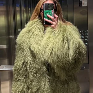 Green Luxury Fluffy Faux Fur Jacket Women Fashion Lapel Long Sleeve Loose Warm Coat 2025 Winter Lady High Street Outerwear