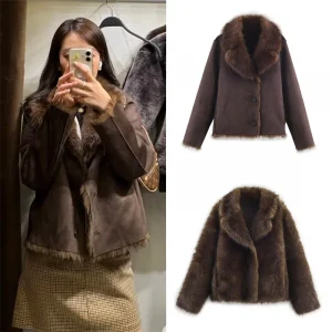 Women's Jacket 2025 Autumn New Style Brown Long-Sleeve Faux Fur Effect Reversible Jacket Casual Fashion Personalized Warm