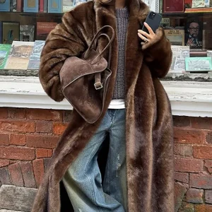 Fashion Mixed Color Lapel Collar Woman Long Coat Elegant Full Sleeve Loose Overcoat New Winter Lady High Street Faux Fur Jacket
