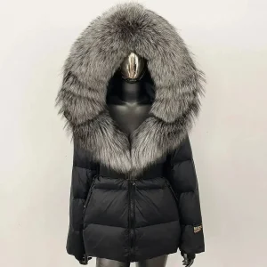 Winter Real Fur Coat Fashion Hooded Detachable Down Coat Women Real Natural Fox Fur Collar Thick Warm Outerwear Puffer Jacket