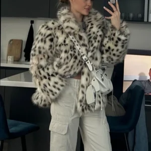 HH 2025 Winter Leopard Print Faux Fur Jackets For Women Long Sleeve Lapel Thick Warm Soft Fluffy Fur Coats Lady Loose Streetwear