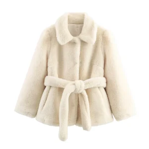 DiYiG WOMAN 2025 Autumn New Fashion Faux Fur Effect Coat Vintage Long Sleeve with Belt Coat Outerwear Mujer