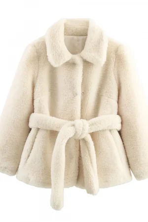 DiYiG WOMAN 2025 Autumn New Fashion Faux Fur Effect Coat Vintage Long Sleeve with Belt Coat Outerwear Mujer