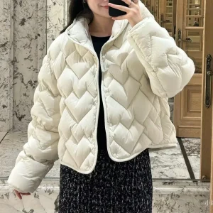 2025 New Autumn Winter White Goose Down Love Design Quilt Sweet Coat Women Stand Collar Long Sleeve Buttons Loose Casual Jacket
