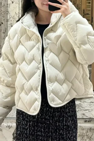 2025 New Autumn Winter White Goose Down Love Design Quilt Sweet Coat Women Stand Collar Long Sleeve Buttons Loose Casual Jacket