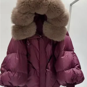 2025 Women's Winter Hooded Down Jacket with PU Coating and Large Fur Collar for Warmth. Y2k New Fashionable High-Quality Coat